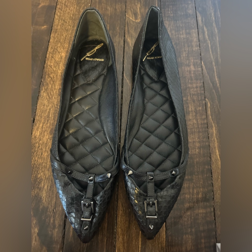 Super Rare B Brian Atwood Black Python Snake Flats w/pewter gunmetal studs US 7